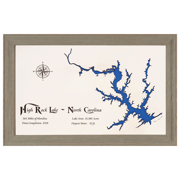 High Rock Lake, North Carolina White Washed Wood and Rustic Gray Frame Lake Map Silhouette