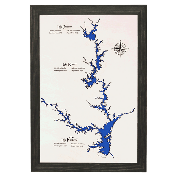 Lake Jocassee, Lake Keowee, Lake Hartwell, South Carolina and Georgia White Washed Wood and Distressed Black Frame Lake Map Silhouette