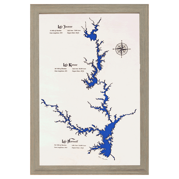 Lake Jocassee, Lake Keowee, Lake Hartwell, South Carolina and Georgia White Washed Wood and Rustic Gray Frame Lake Map Silhouette