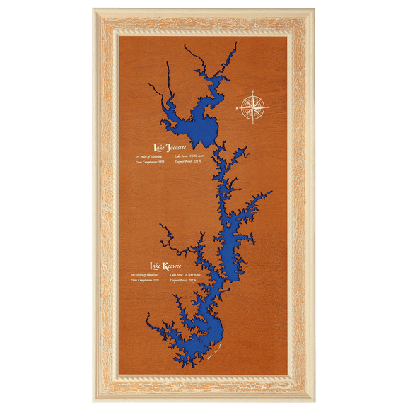 Lake Jocassee, Lake Keowee, South Carolina Stained Wood and Distressed White Frame Lake Map Silhouette