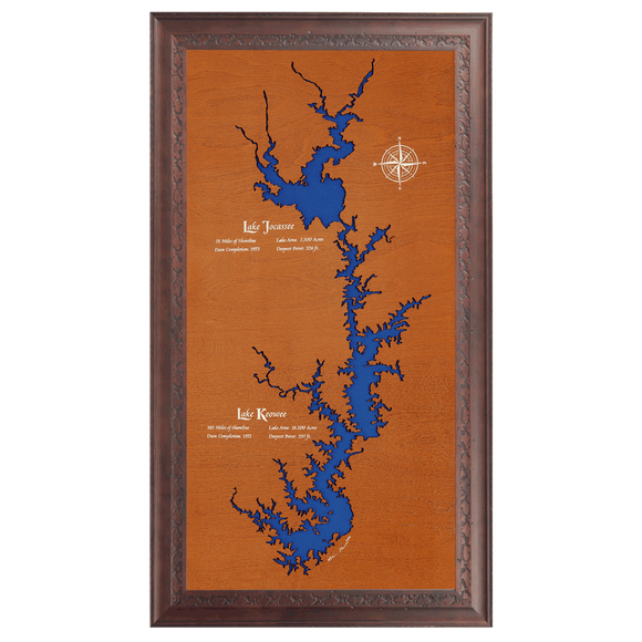 Lake Jocassee, Lake Keowee, South Carolina Stained Wood and Dark Walnut Frame Lake Map Silhouette