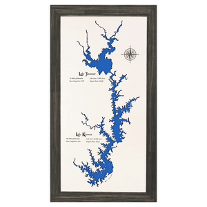Lake Jocassee, Lake Keowee, South Carolina White Washed Wood and Distressed Black Frame Lake Map Silhouette