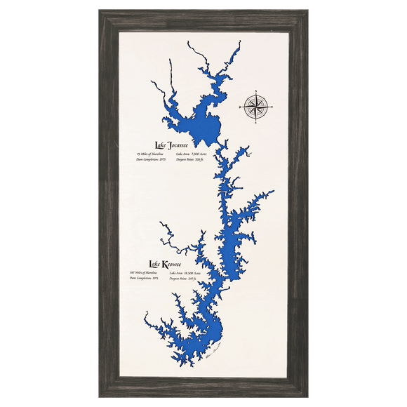 Lake Jocassee, Lake Keowee, South Carolina White Washed Wood and Distressed Black Frame Lake Map Silhouette