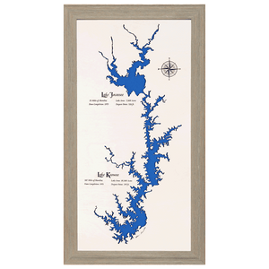Lake Jocassee, Lake Keowee, South Carolina White Washed Wood and Rustic Gray Frame Lake Map Silhouette