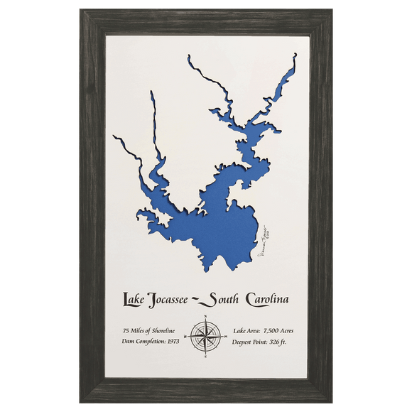 Lake Jocassee, South Carolina White Washed Wood and Distressed Black Frame Lake Map Silhouette