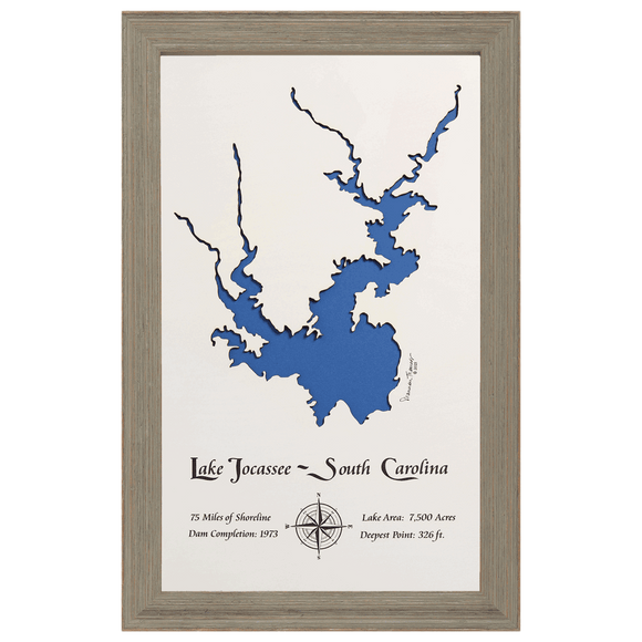 Lake Jocassee, South Carolina White Washed Wood and Rustic Gray Frame Lake Map Silhouette