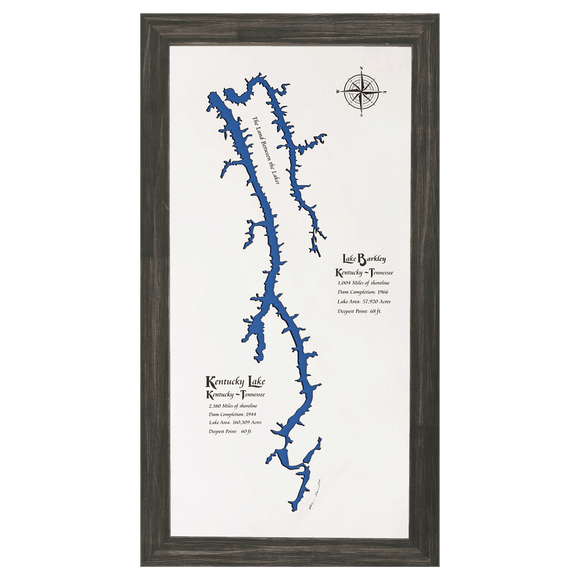 Kentucky Lake and Lake Barkley, Kentucky and Tennessee White Washed Wood and Distressed Black Frame Lake Map Silhouette