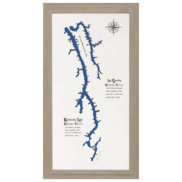 Kentucky Lake and Lake Barkley, Kentucky and Tennessee White Washed Wood and Rustic Gray Frame Lake Map Silhouette