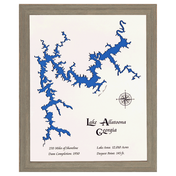 Lake Allatoona, Georgia White Washed Wood and Rustic Gray Frame Lake Map Silhouette