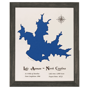 Lake Auman, North Carolina White Washed Wood and Distressed Black Frame Lake Map Silhouette