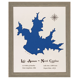 Lake Auman, North Carolina White Washed Wood and Rustic Gray Frame Lake Map Silhouette