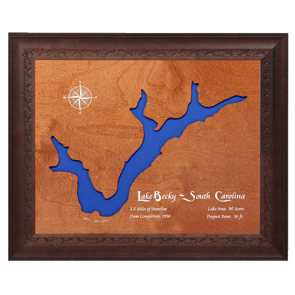 Lake Becky, South Carolina Stained Wood and Dark Walnut Frame Lake Map Silhouette