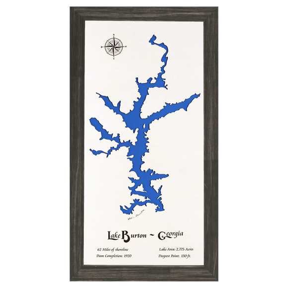 Lake Burton, Georgia White Washed Wood and Distressed Black Frame Lake Map Silhouette