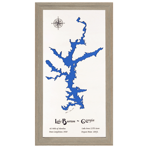 Lake Burton, Georgia White Washed Wood and Rustic Gray Frame Lake Map Silhouette