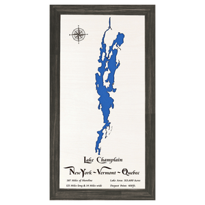 Lake Champlain, New York and Vermont White Washed Wood and Distressed Black Frame Lake Map Silhouette