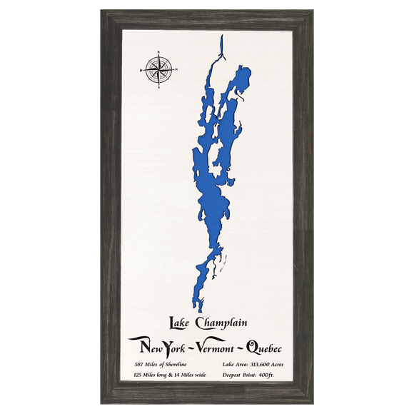 Lake Champlain, New York and Vermont White Washed Wood and Distressed Black Frame Lake Map Silhouette