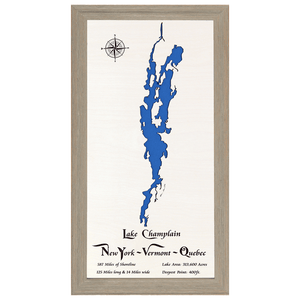 Lake Champlain, New York and Vermont White Washed Wood and Rustic Gray Frame Lake Map Silhouette