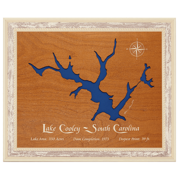 Lake Cooley, South Carolina Stained Wood and Distressed White Frame Lake Map Silhouette