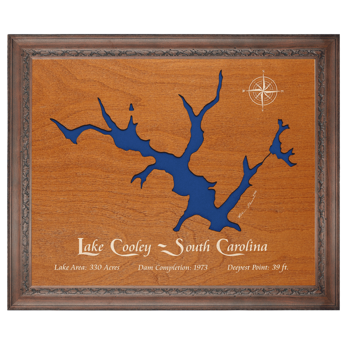 Lake Cooley, South Carolina Stained Wood and Dark Walnut Frame Lake Ma