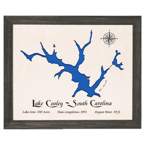 Lake Cooley, South Carolina White Washed Wood and Distressed Black Frame Lake Map Silhouette