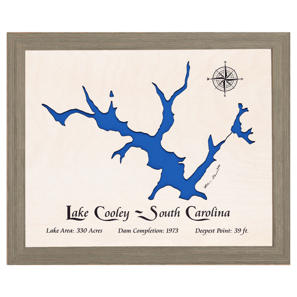 Lake Cooley, South Carolina White Washed Wood and Rustic Gray Frame Lake Map Silhouette