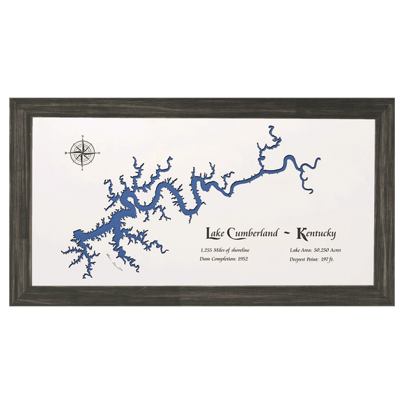 Lake Cumberland, Kentucky White Washed Wood and Distressed Black Frame Lake Map Silhouette