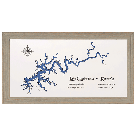 Lake Cumberland, Kentucky White Washed Wood and Rustic Gray Frame Lake Map Silhouette