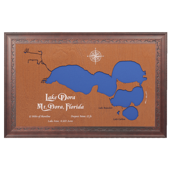 Lake Dora, Florida Stained Wood and Dark Walnut Frame Lake Map Silhouette