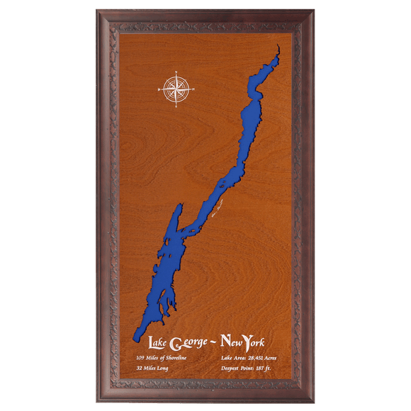 Lake George, New York Stained Wood and Dark Walnut Frame Lake Map Silhouette