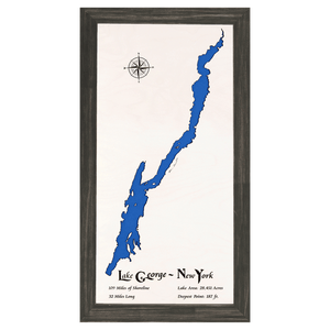 Lake George, New York White Washed Wood and Distressed Black Frame Lake Map Silhouette