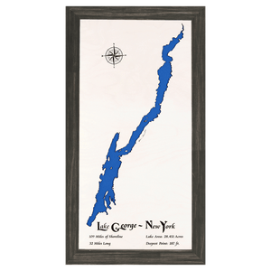 Lake George, New York White Washed Wood and Distressed Black Frame Lake Map Silhouette
