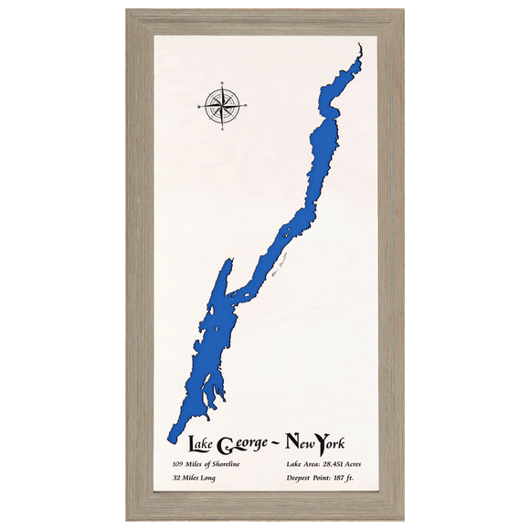 Lake George, New York White Washed Wood and Rustic Gray Frame Lake Map Silhouette