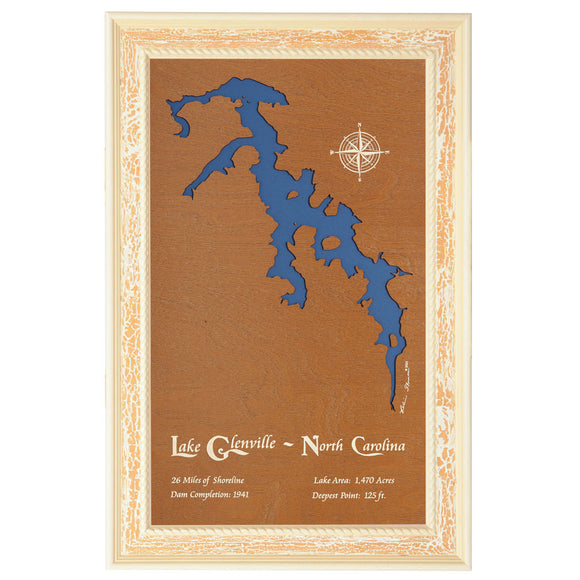 Lake Glenville, North Carolina Stained Wood and Distressed White Frame Lake Map Silhouette