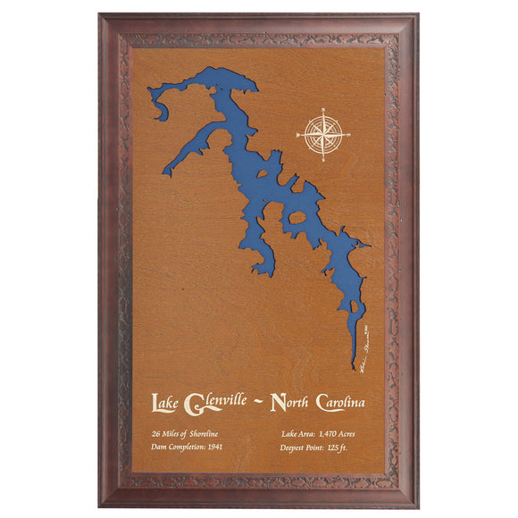 Lake Glenville, North Carolina Stained Wood and Dark Walnut Frame Lake Map Silhouette