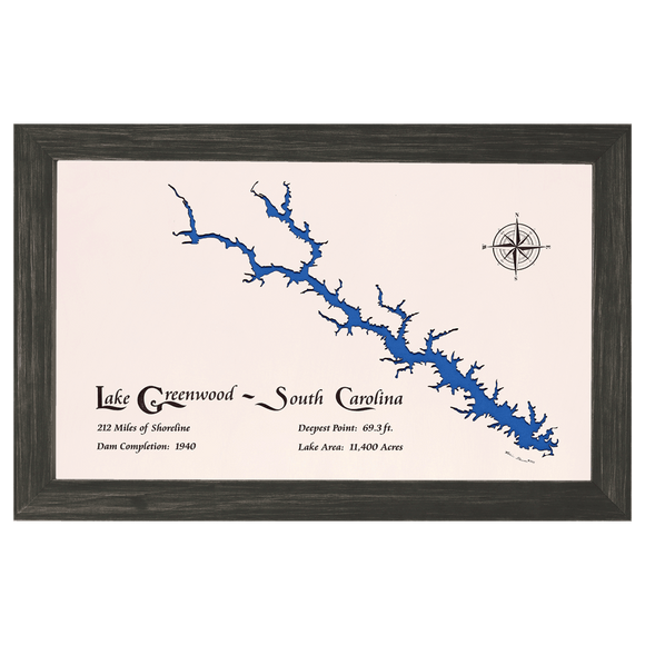 Lake Greenwood, South Carolina White Washed Wood and Distressed Black Frame Lake Map Silhouette