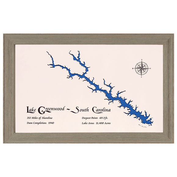 Lake Greenwood, South Carolina White Washed Wood and Rustic Gray Frame Lake Map Silhouette