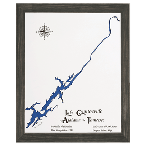 Lake Guntersville, Alabama and Tennessee White Washed Wood and Distressed Black Frame Lake Map Silhouette