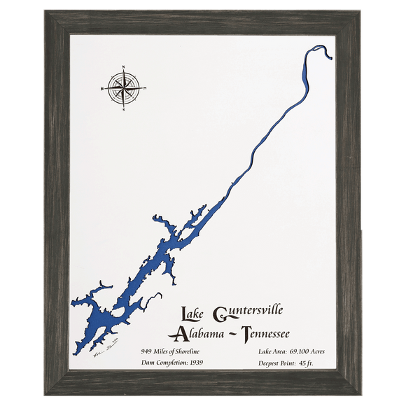 Lake Guntersville, Alabama and Tennessee White Washed Wood and Distressed Black Frame Lake Map Silhouette