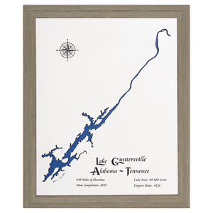 Lake Guntersville, Alabama and Tennessee White Washed Wood and Rustic Gray Frame Lake Map Silhouette