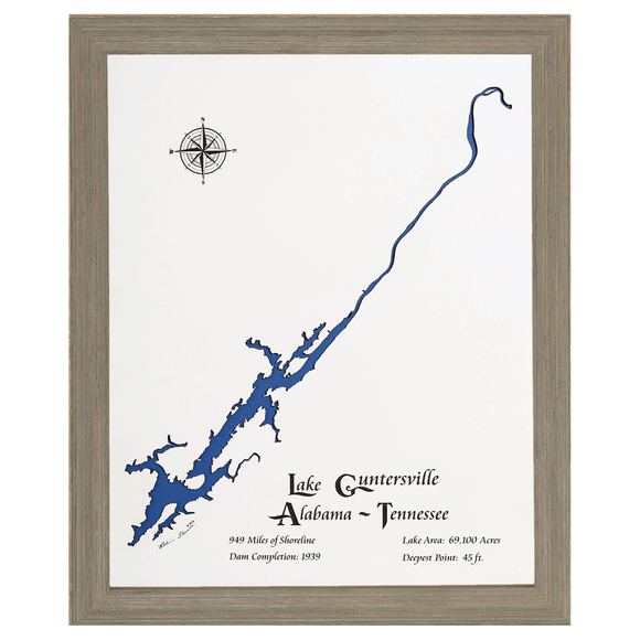 Lake Guntersville, Alabama and Tennessee White Washed Wood and Rustic Gray Frame Lake Map Silhouette