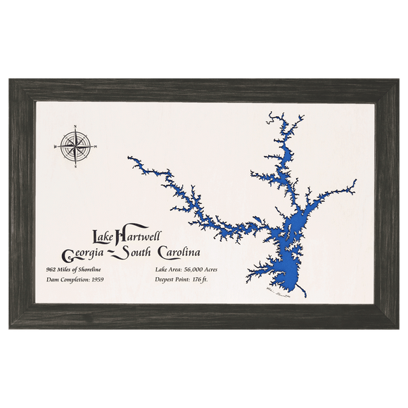 Lake Hartwell, Georgia and South Carolina White Washed Wood and Distressed Black Frame Lake Map Silhouette