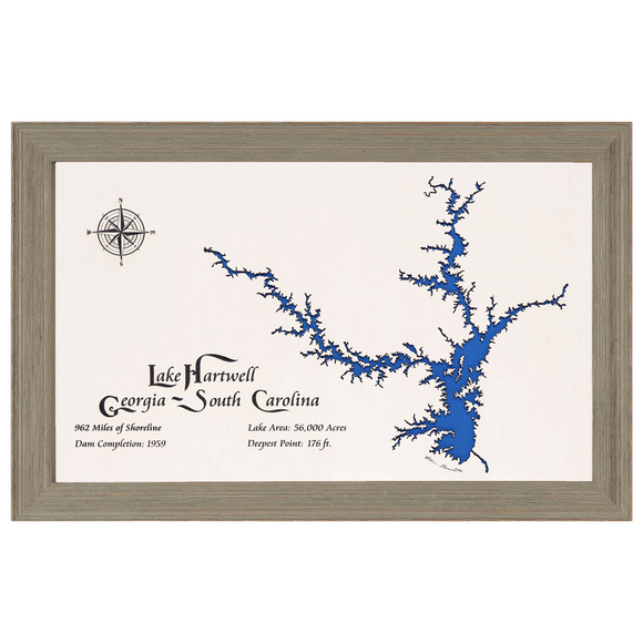 Lake Hartwell, Georgia and South Carolina White Washed Wood and Rustic Gray Frame Lake Map Silhouette