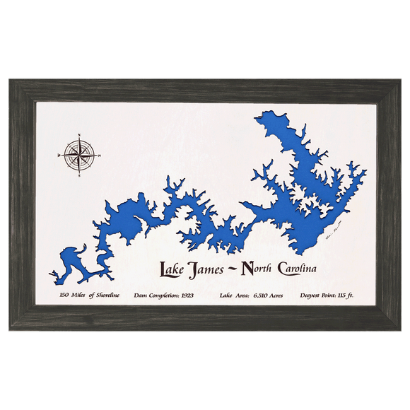 Lake James, North Carolina White Washed Wood and Distressed Black Frame Lake Map Silhouette