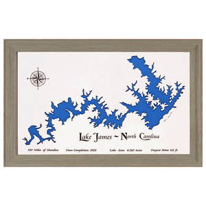 Lake James, North Carolina White Washed Wood and Rustic Gray Frame Lake Map Silhouette