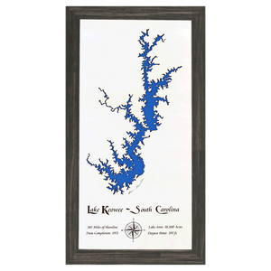 Lake Keowee, South Carolina White Washed Wood and Distressed Black Frame Lake Map Silhouette