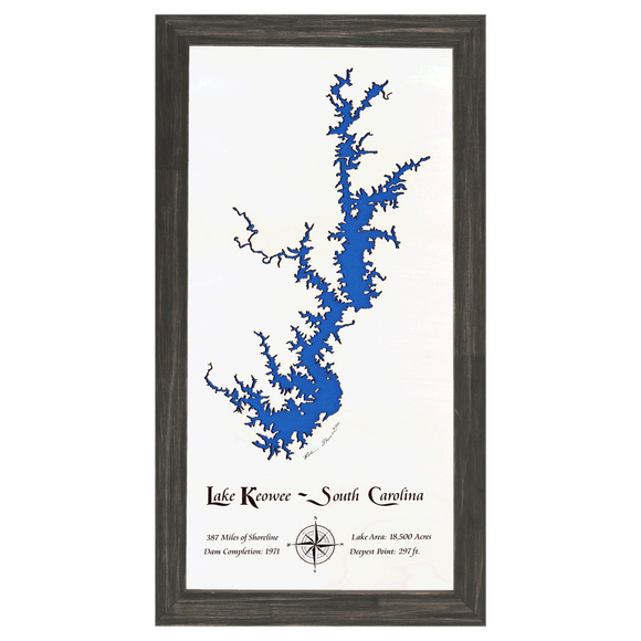 Lake Keowee, South Carolina White Washed Wood and Distressed Black Frame Lake Map Silhouette