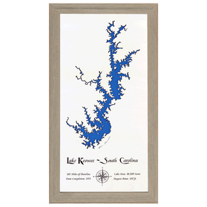 Lake Keowee, South Carolina White Washed Wood and Rustic Gray Frame Lake Map Silhouette