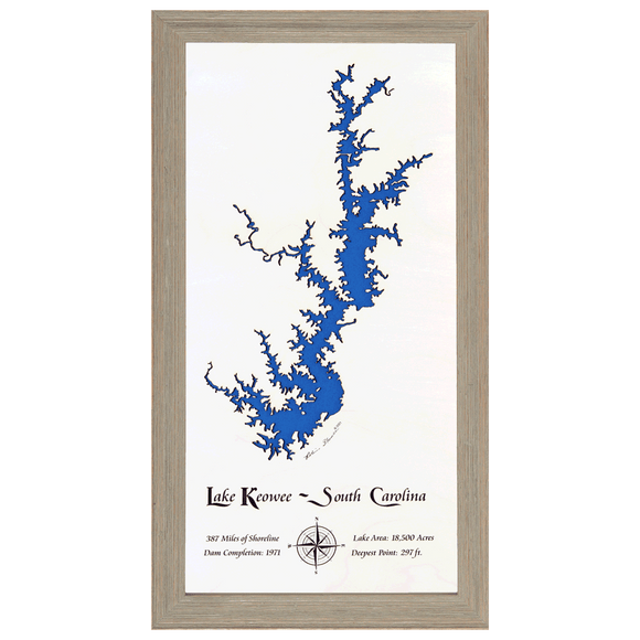 Lake Keowee, South Carolina White Washed Wood and Rustic Gray Frame Lake Map Silhouette