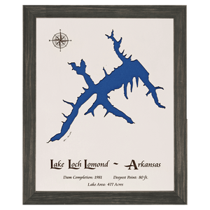 Lake Loch Lomond, Arkansas White Washed Wood and Distressed Black Frame Lake Map Silhouette