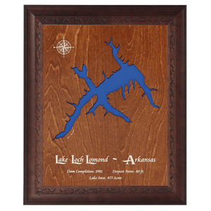 Lake Loch Lomond, Arkansas Stained Wood and Dark Walnut Frame Lake Map Silhouette